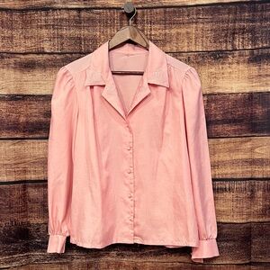 Vintage Pink Long Sleeve Button Down Blouse Embroidered Collar Size Medium